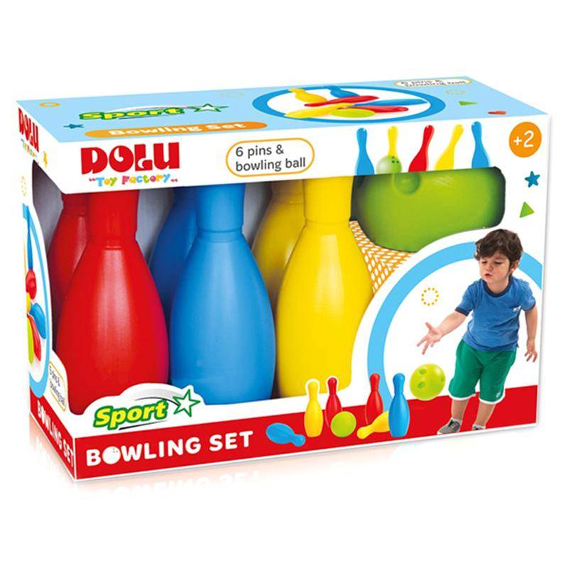 Een zes-pins DOLU bowling set met een bal